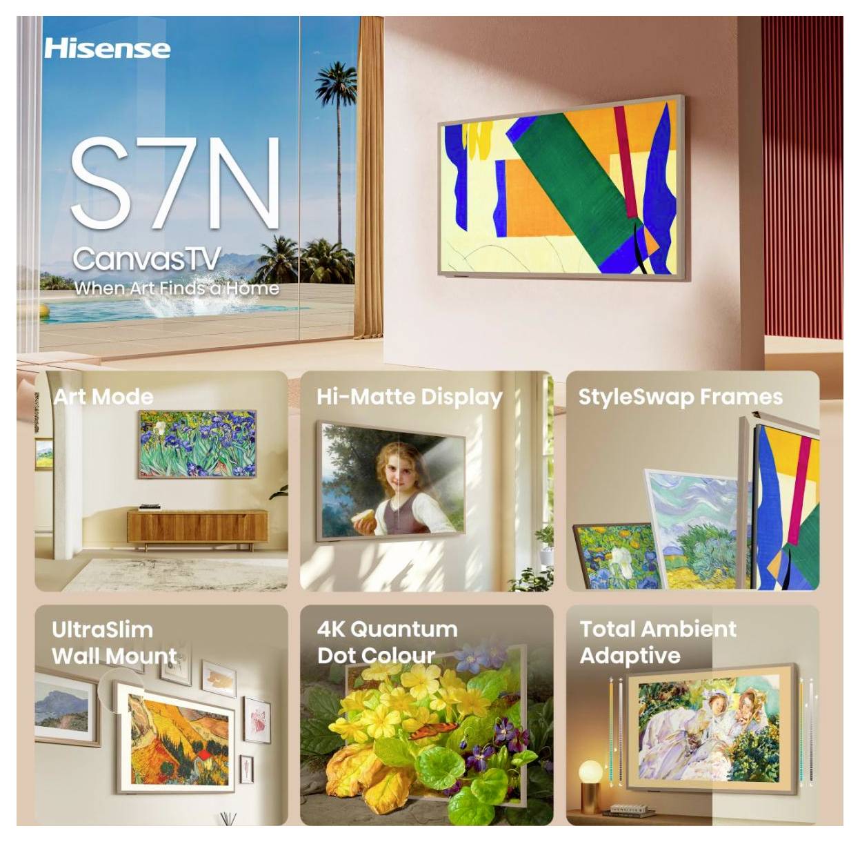 Prezentacja funkcji Hisense S7N CanvasTV: tryb artystyczny, wyświetlacz Hi-Matte, wymienne ramki StyleSwap, uchwyt UltraSlim, kolor 4K, adaptacja otoczenia.