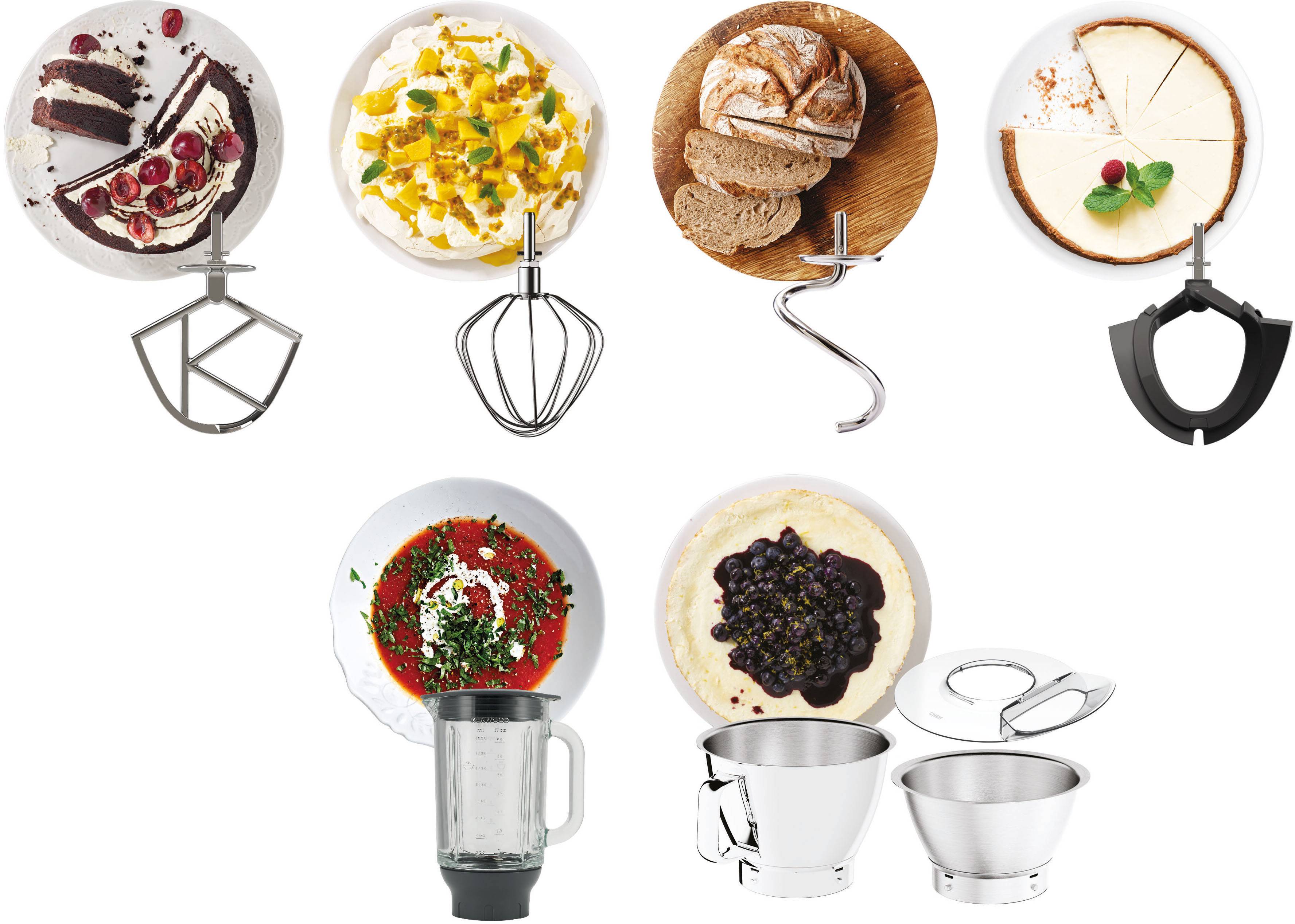 Zestaw sześciu przystawek do robota kuchennego, każda sparowana z innym daniem: ciasto, sałatka owocowa, chleb, sernik, zupa i deser.