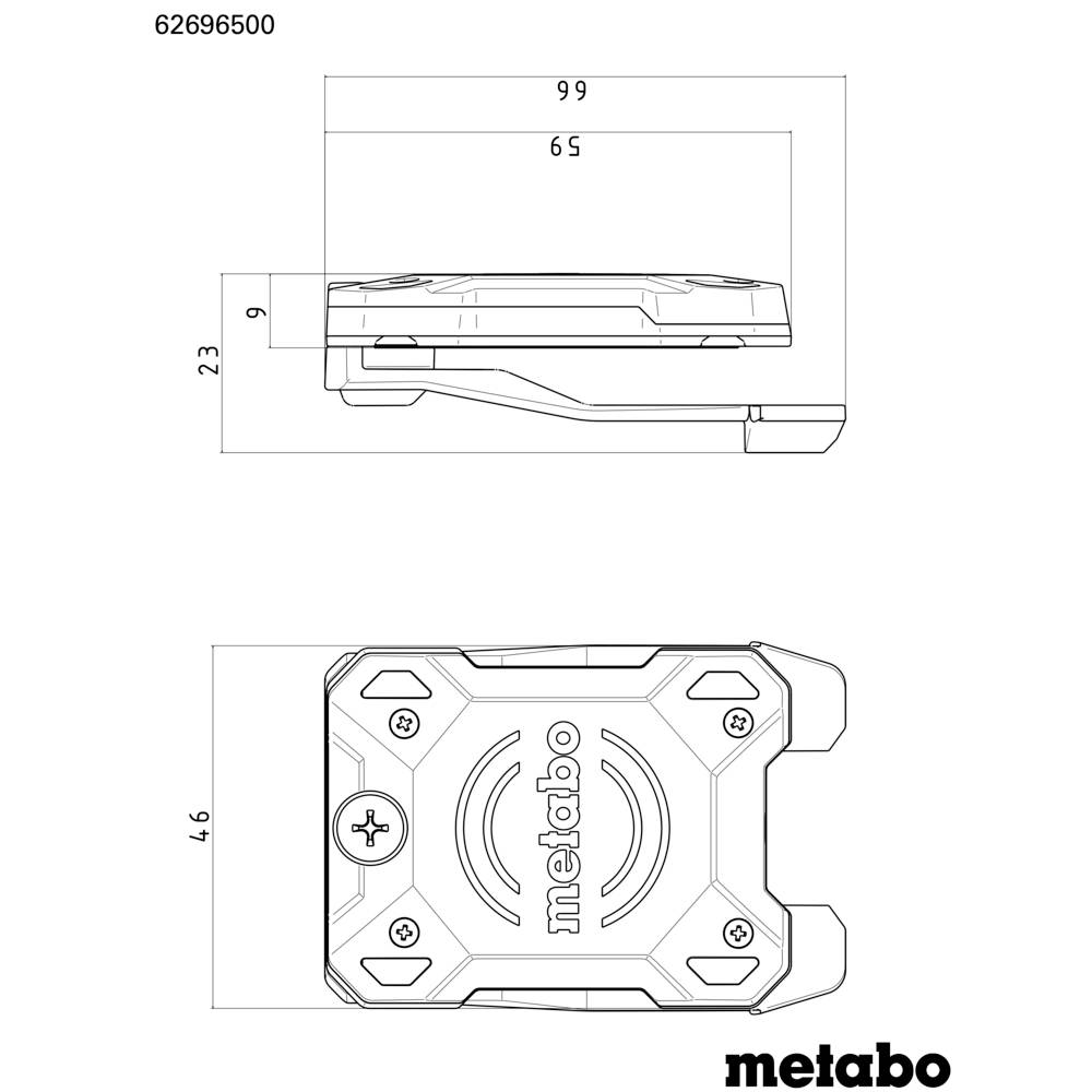 Rysunek techniczny akcesoria narzędziowego Metabo. Widok z góry przedstawia wymiary: 65 mm szerokości, 99 mm długości. Widok z boku wskazuje wysokość 9 mm.