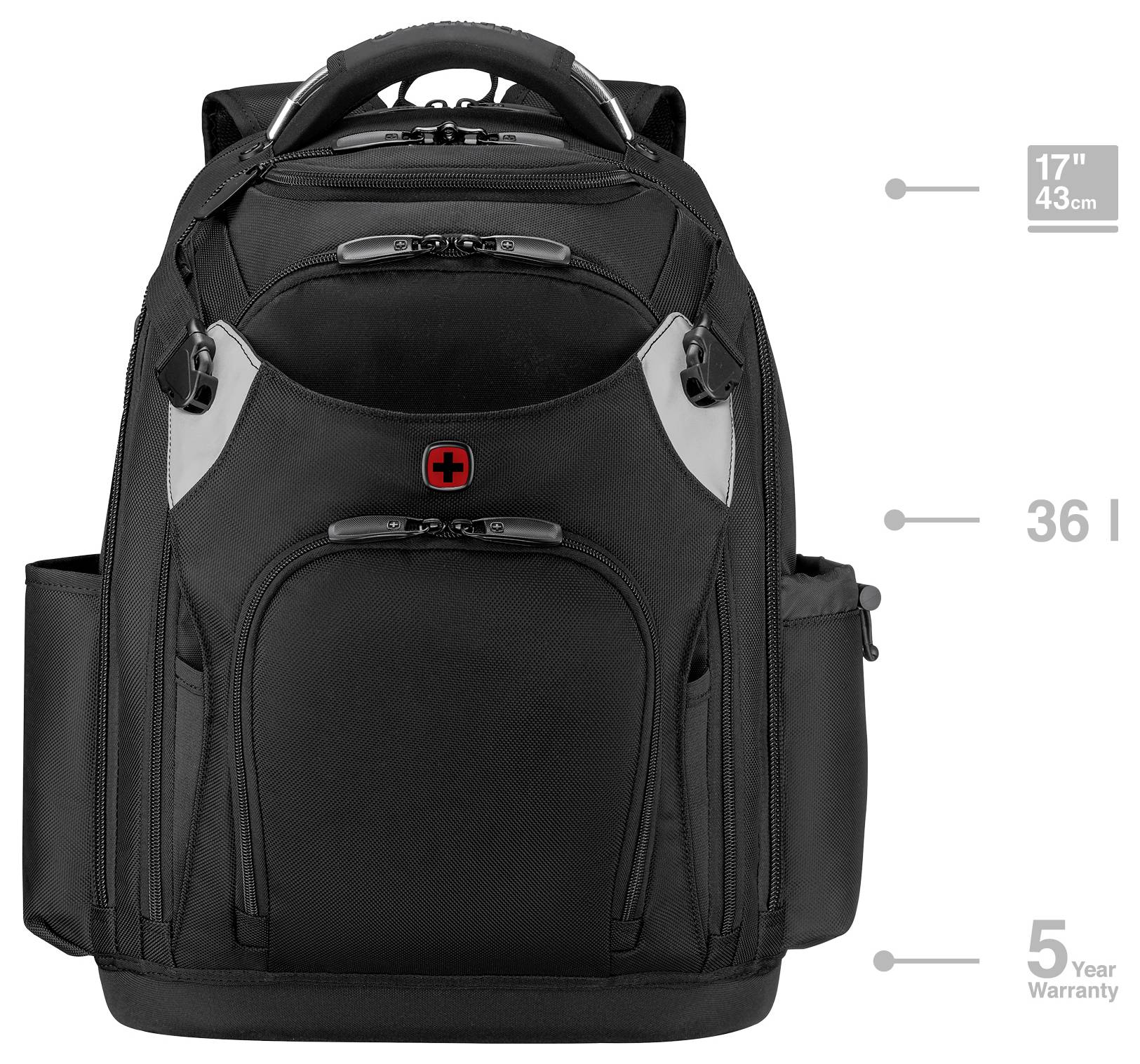 Czarny plecak z logo Swissgear, o wymiarach 17" (43 cm) wysokości, pojemności 36 litrów, z boczną kieszenią. Oferowany z 5-letnią gwarancją.