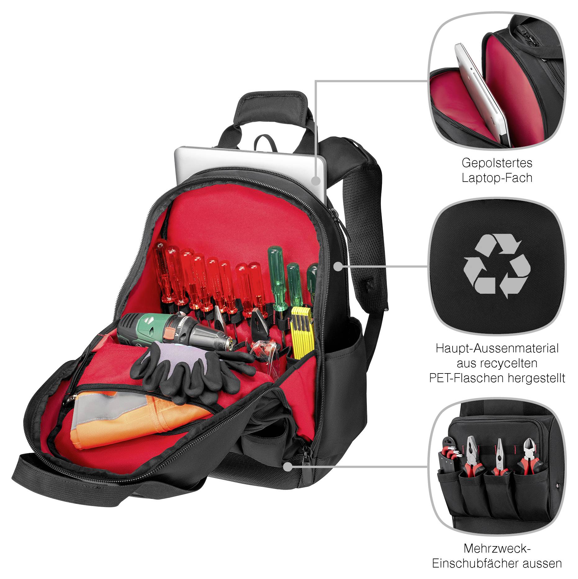 Otwarty czarno-czerwony plecak prezentujący narzędzia, z wyróżnionymi cechami: wyściełany schowek na laptopa, materiał wykonany z recyklingowanych butelek PET oraz zewnętrzne kieszenie.