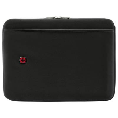Czarna saszetka na laptopa z czerwonym logo krzyża na przedniej stronie, wyposażona w zamek błyskawiczny u góry.