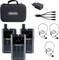 Trzy czarne bezprzewodowe urządzenia komunikacyjne z antenami, oznaczone jako 'Nadajnik Główny' i 'Nadajnik Pomocniczy'. Zestaw zawiera słuchawki, kabel USB, ładowarkę oraz torbę transportową.