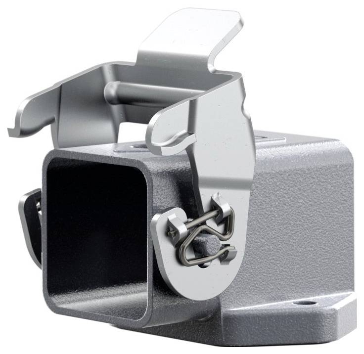 Metalowy uchwyt z kwadratowym otworem i dołączonymi zatrzaskami blokującymi do mocowania elementu, prawdopodobnie do zastosowań przemysłowych lub motoryzacyjnych.