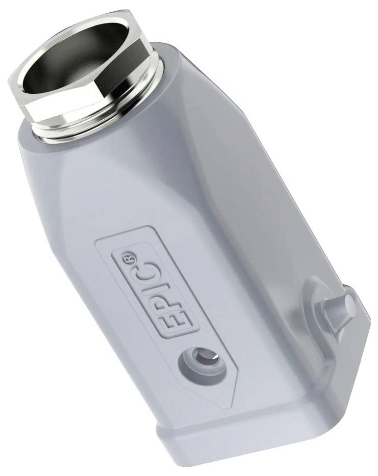 Prostokątna, kątowa metalowa obudowa złącza z oznakowaniem 'EPIC', używana do połączeń elektrycznych; wyposażona w otwór gwintowany pod śrubę.