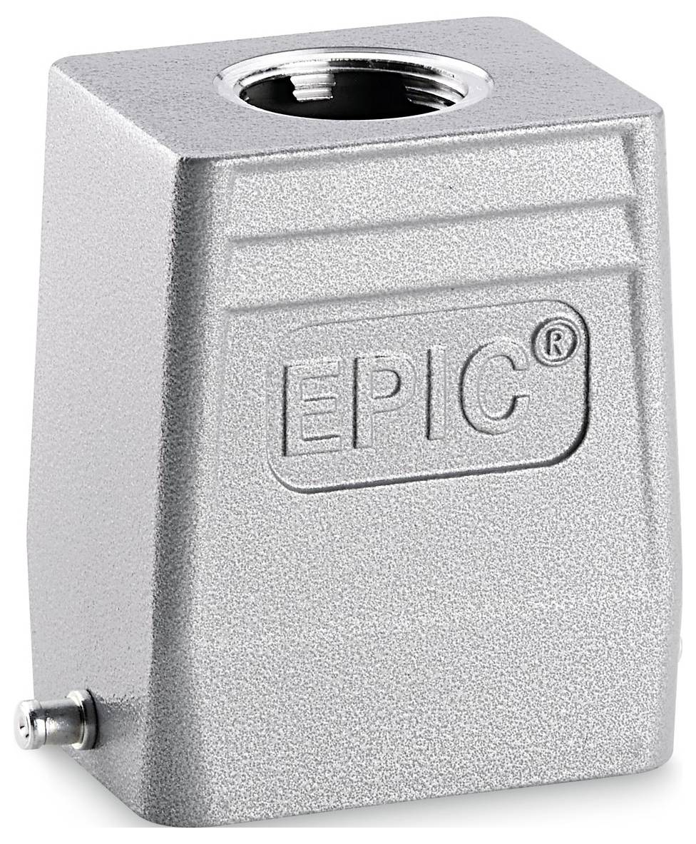 Przemysłowa metalowa obudowa złącza z wytłoczonym logo 'EPIC' na froncie, posiadająca gwintowany otwór na górze i śrubę od spodu.