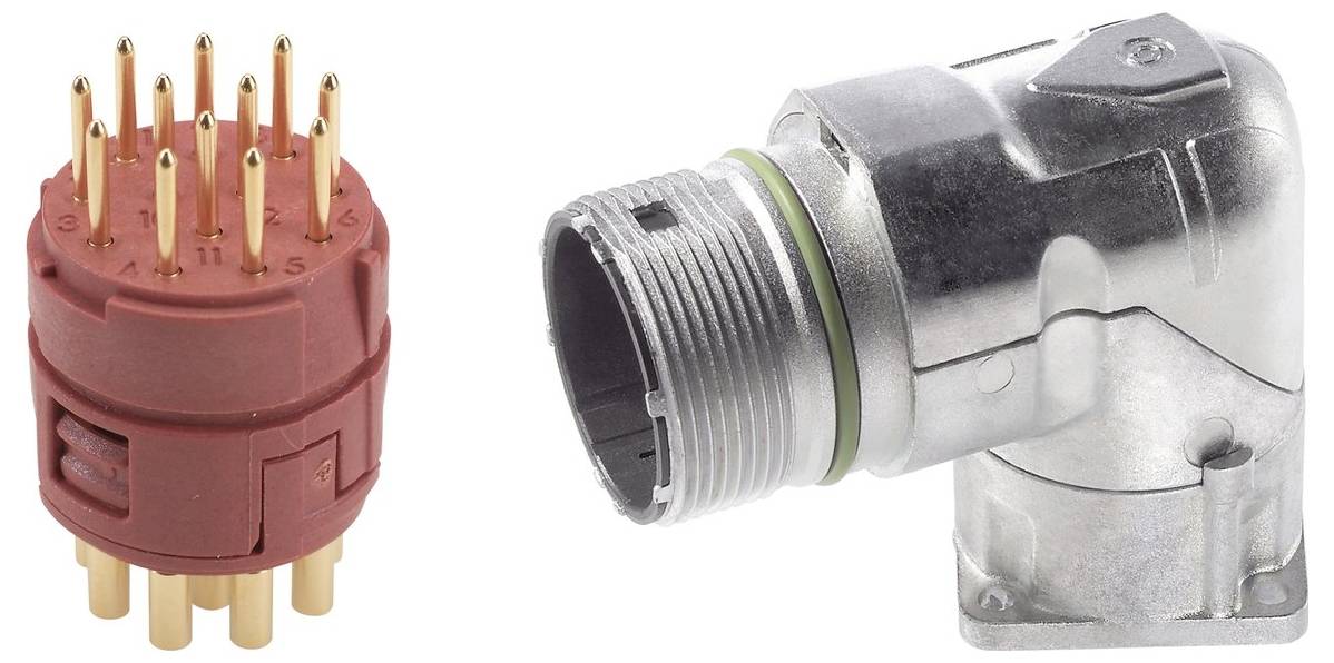 Dwa złącza elektryczne: jedno czerwone z wieloma stykami oznaczonymi numerami 1-11 oraz drugie srebrne w kształcie litery L z gwintowaną sekcją.