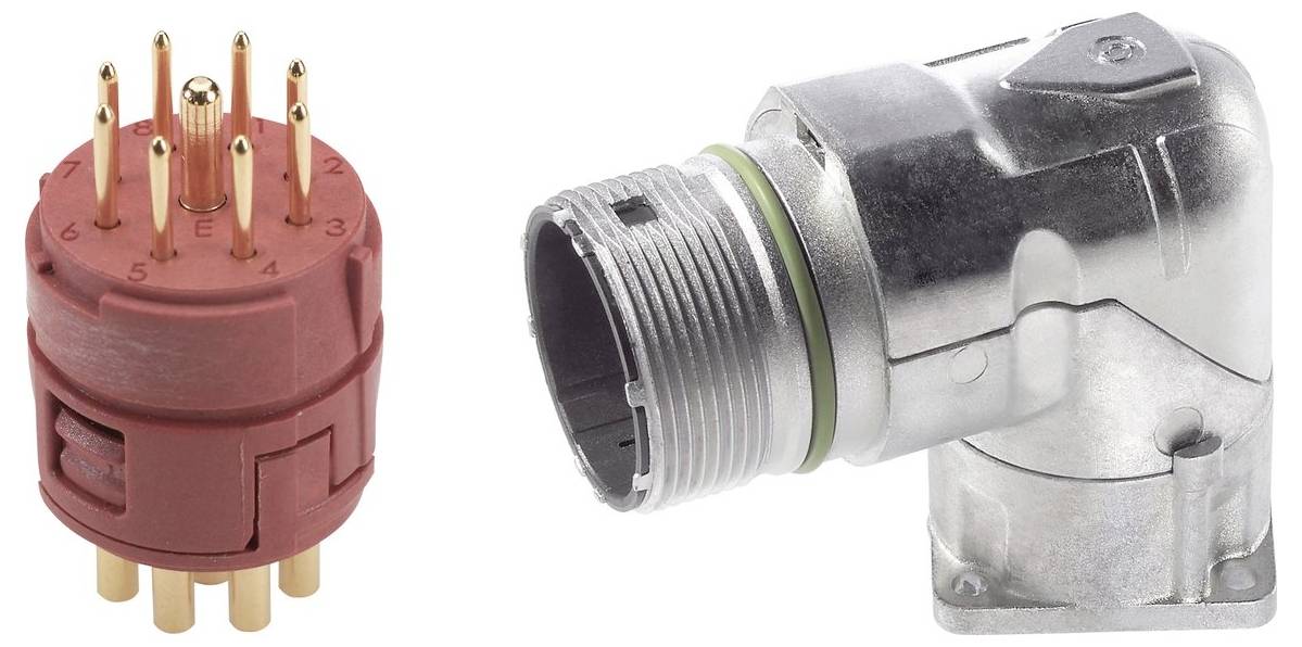 Przedstawiono złącze elektroniczne z czerwoną podstawą i złotymi stykami obok metalowej obudowy złącza kątowego.