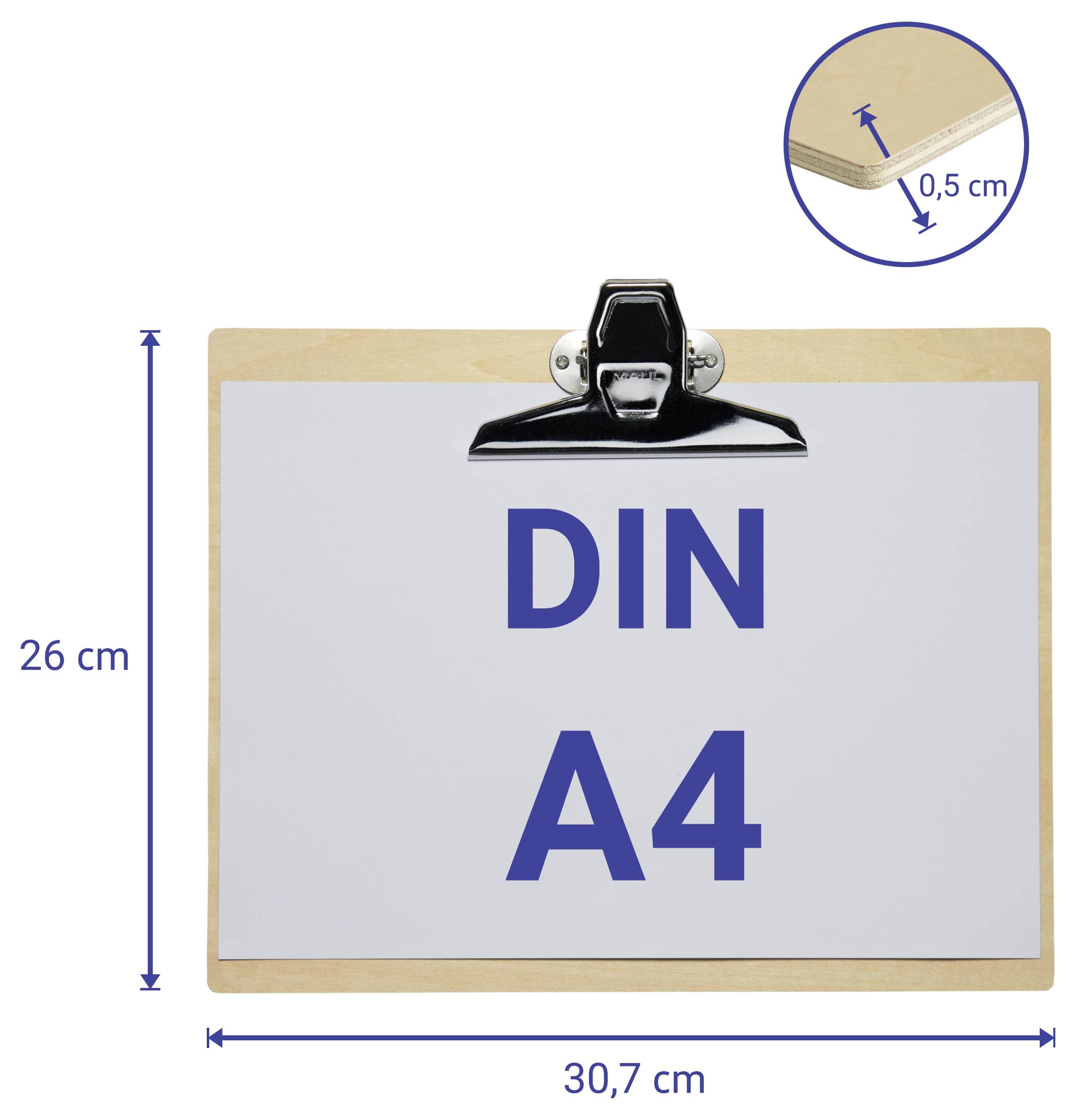 Podkładka z papierem formatu DIN A4 pokazująca wymiary: 30,7 cm szerokości, 26 cm wysokości z 0,5 cm grubą płytą.