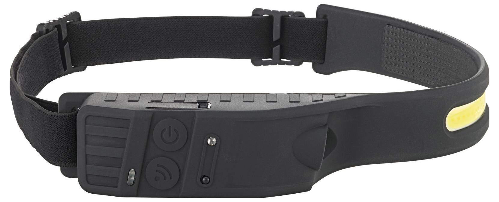 Czarny pas do noszenia z panelem sterowania, przyciskami i elastycznym paskiem. Wygląda na urządzenie przeznaczone do nagrywania dźwięku lub wideo.