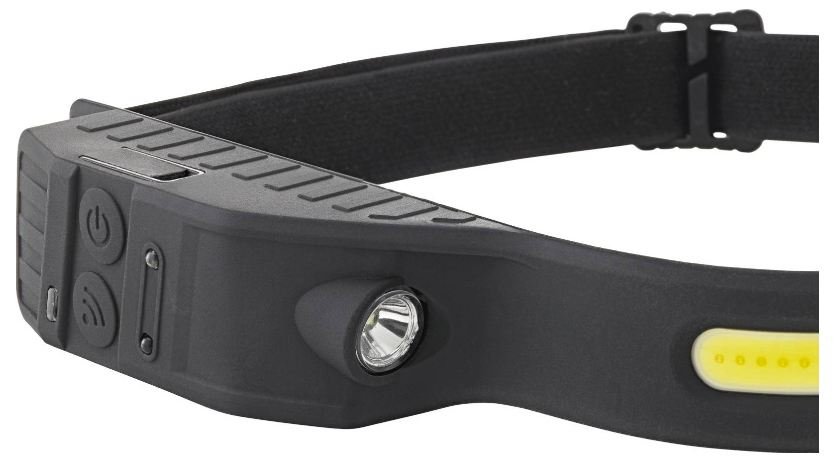 Czarna diodowa (LED) latarka czołowa z regulowanym paskiem i przyciskiem zasilania, zaprojektowana do bezrękawowego oświetlenia podczas aktywności na świeżym powietrzu.