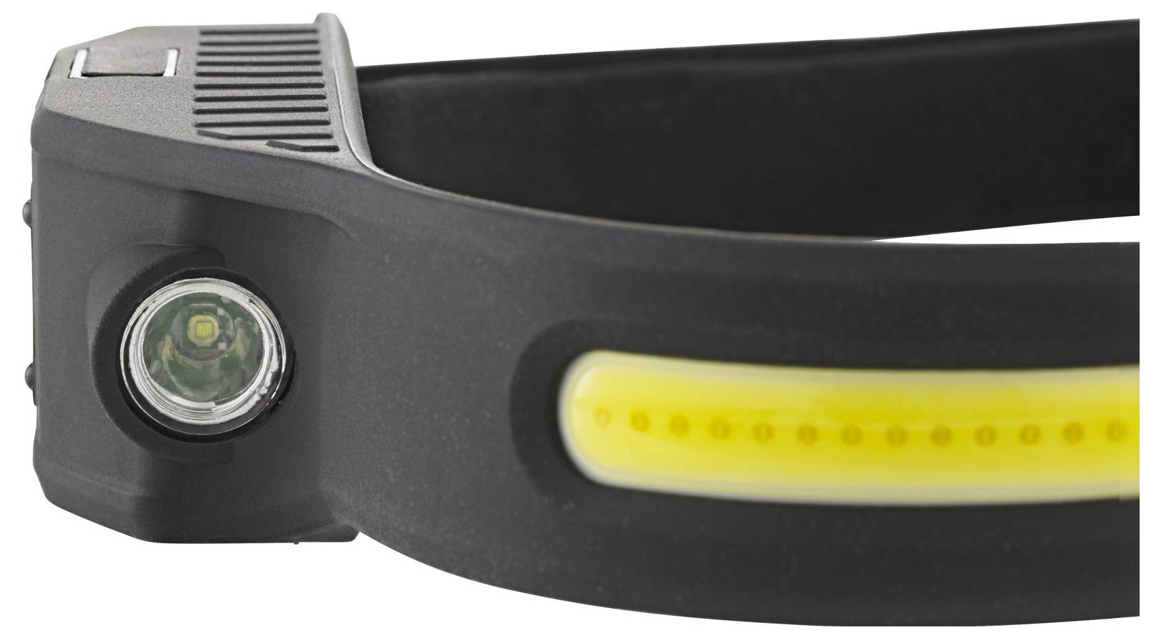 Czarna lampa czołowa wyposażona w małą okrągłą diodę LED po boku oraz żółty pasek świetlny z przodu, przeznaczona do bezrękawowego oświetlenia.