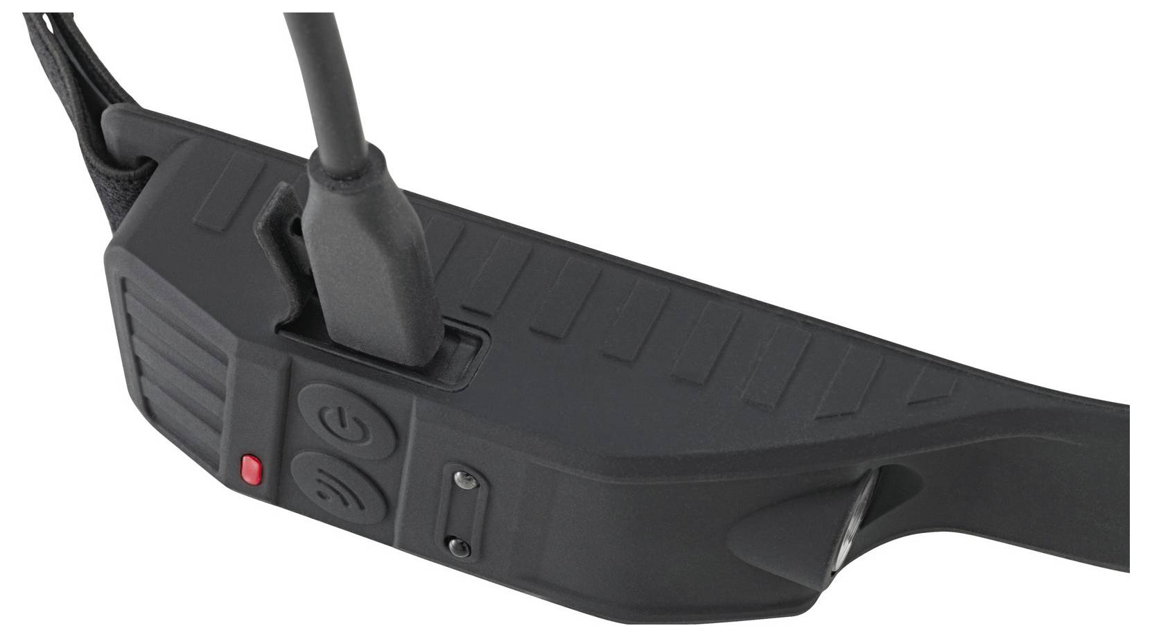 Zbliżenie na czarny słuchawkowy zestaw komunikacyjny z grubym przewodem, wyposażony w przyciski regulacji głośności oraz małą czerwoną diodę sygnalizacyjną, przeznaczony do urządzeń komunikacyjnych.