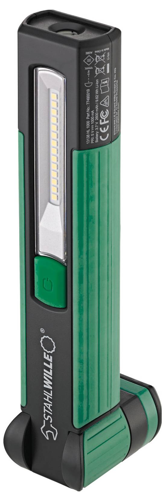 Przenośna zielono-czarna lampa robocza LED z podwójnymi haczykami na każdym końcu do zawieszenia. Lampa posiada przycisk włączania/wyłączania umieszczony centralnie.