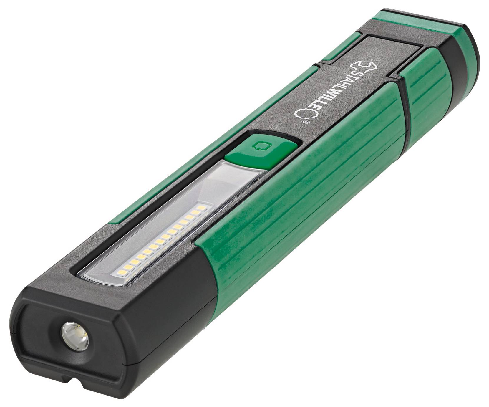 Przenośna, ręczna lampa robocza LED w kolorze zielonym i czarnym, wyposażona w pasek diod LED wzdłuż jednej krawędzi, zaprojektowana do łatwego przenoszenia i użycia w różnych warunkach oświetleniowych.