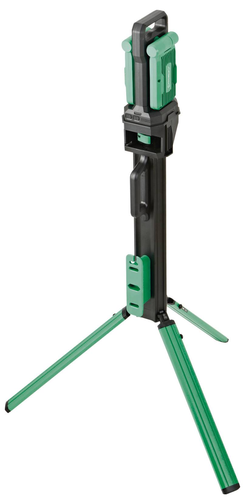 Zielono-czarny, regulowany statyw ze składanymi teleskopowymi nogami, przeznaczony do podtrzymywania sprzętu lub urządzeń.
