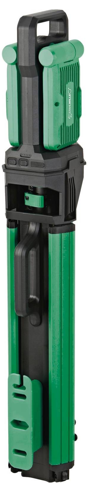 Składana, przenośna lampa robocza z uchwytem i zieloną obudową, zaprojektowana do łatwego transportu i użycia w różnych warunkach oświetleniowych.