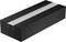 Prostokątny blok o fakturowanej czarnej powierzchni z wpuszczonym srebrnym paskiem biegnącym wzdłuż górnej krawędzi, przypominający nowoczesny element architektoniczny.