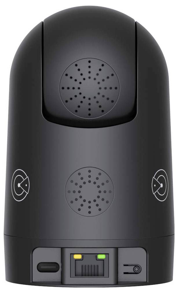 Czarny elektroniczny przyrząd z obrotową kamerą, otworami wentylacyjnymi głośnika oraz portami łączności na podstawie, prawdopodobnie przeznaczony do monitoringu lub zabezpieczeń.