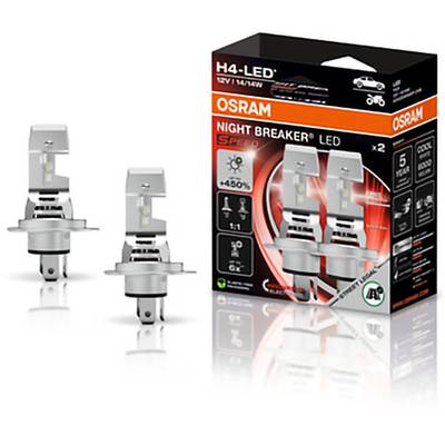 Opakowanie żarówek OSRAM Night Breaker LED H4 z dwoma widocznymi żarówkami LED. Cechy: +450% jasności, 5-letnia gwarancja, ikona samochodu.