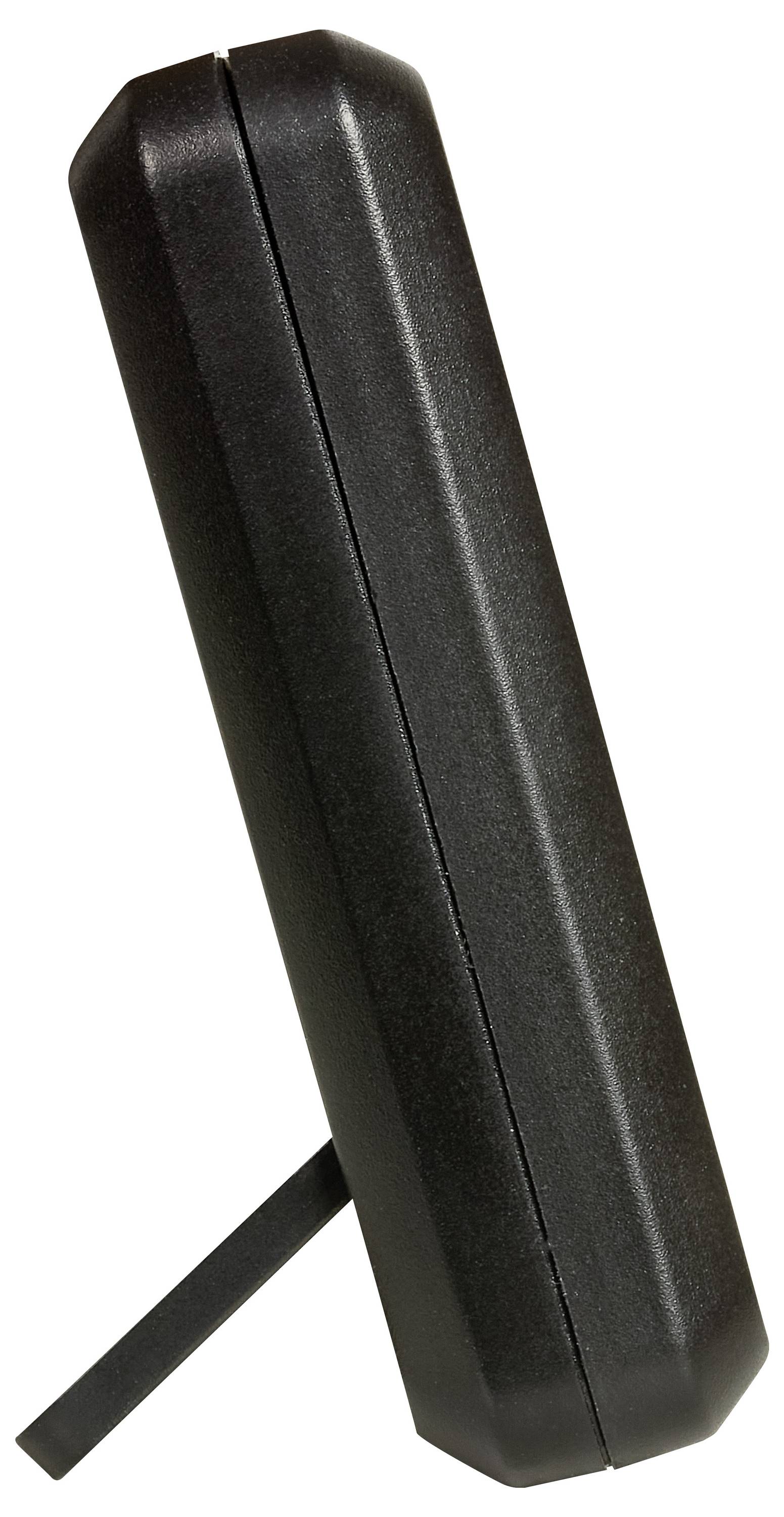 Czarny elektroniczny device stojący pionowo ze wspornikiem, widziany z boku.