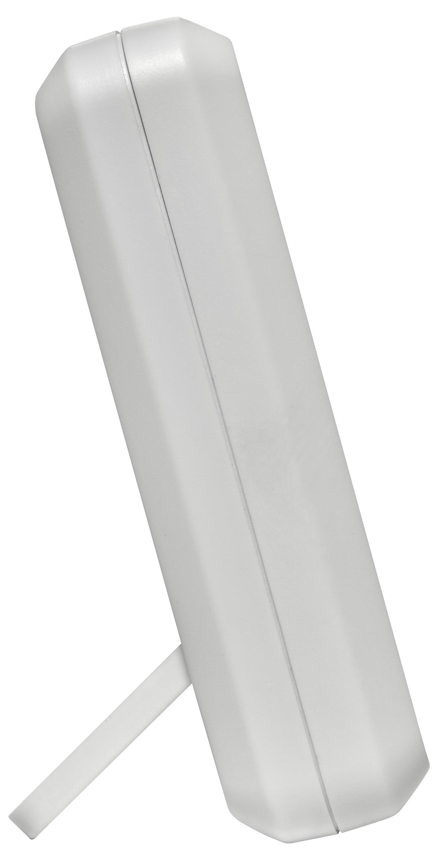 Widok z boku białego prostokątnego urządzenia elektronicznego z podpórką, przypominającego odświeżacz powietrza lub nawilżacz, na białym tle.