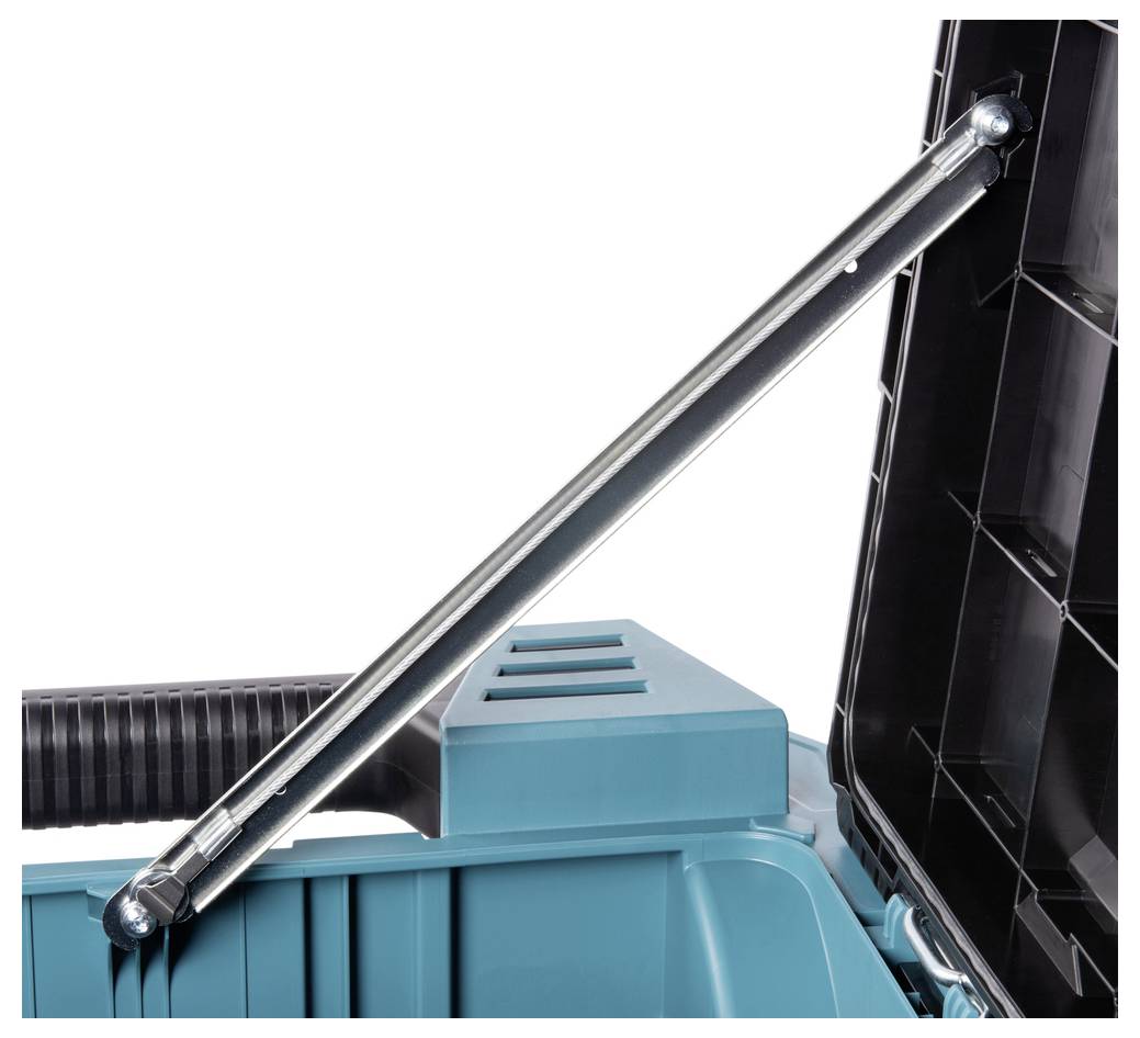 Metalowy pręt wspiera otwartą pokrywę niebieskiego skrzynka narzędziowej z zorganizowanymi szczelinami, podkreślając mechanizm zawiasu pokrywy.