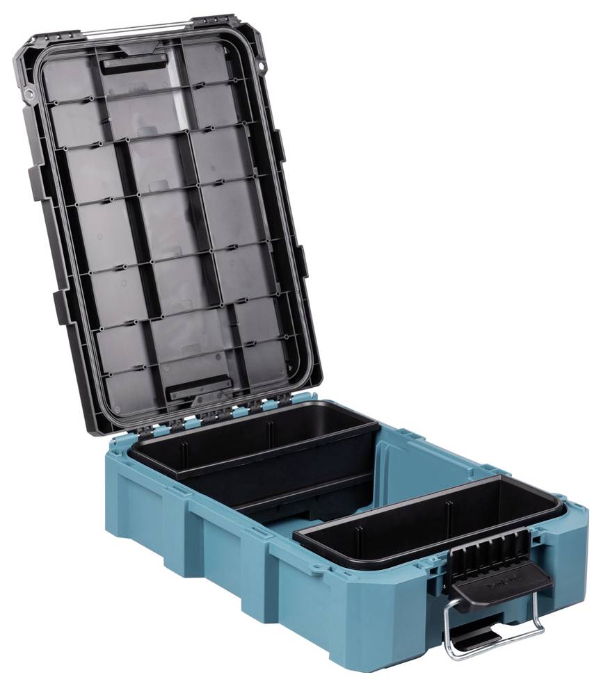 Niebieski i czarny plastikowy skrzyneczek narzędziowy z otwartą pokrywą, odsłaniający dwa główne przedziały wewnątrz. Skrzyneczek ma metalowy uchwyt z przodu.