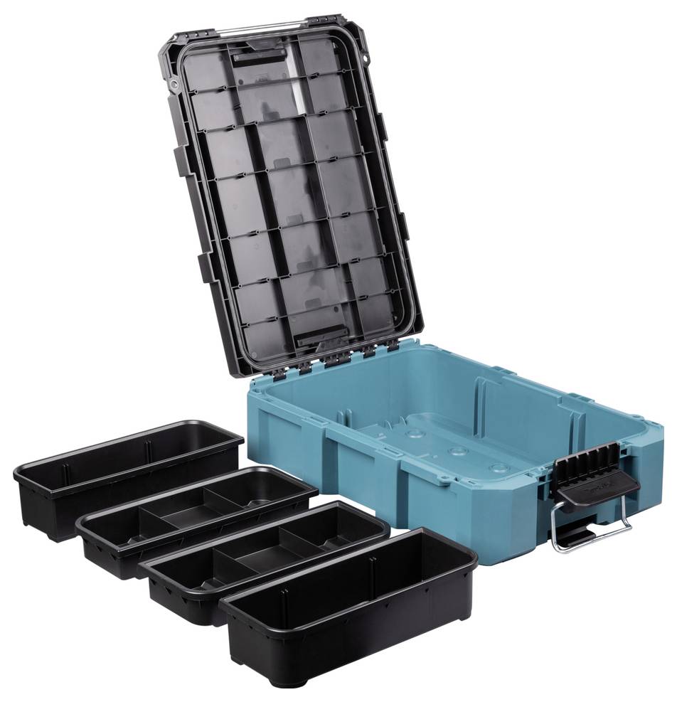 Niebieska skrzynka narzędziowa z otwartą pokrywą zawiera cztery wymienne czarne tacki do organizacji narzędzi i akcesoriów.