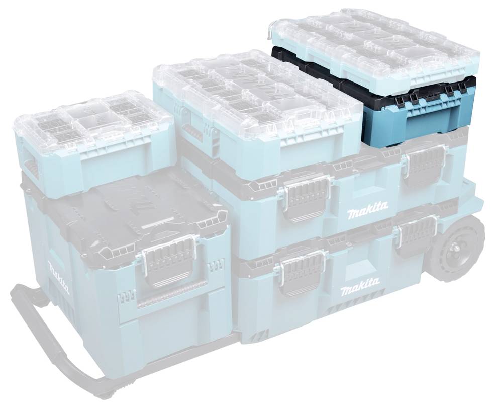 Niebieski modułowy system przechowywania narzędzi Makita z wieloma ustawianymi na stosie pudełkami i transparentnymi wieczkami, podkreślający ich możliwość organizacji.