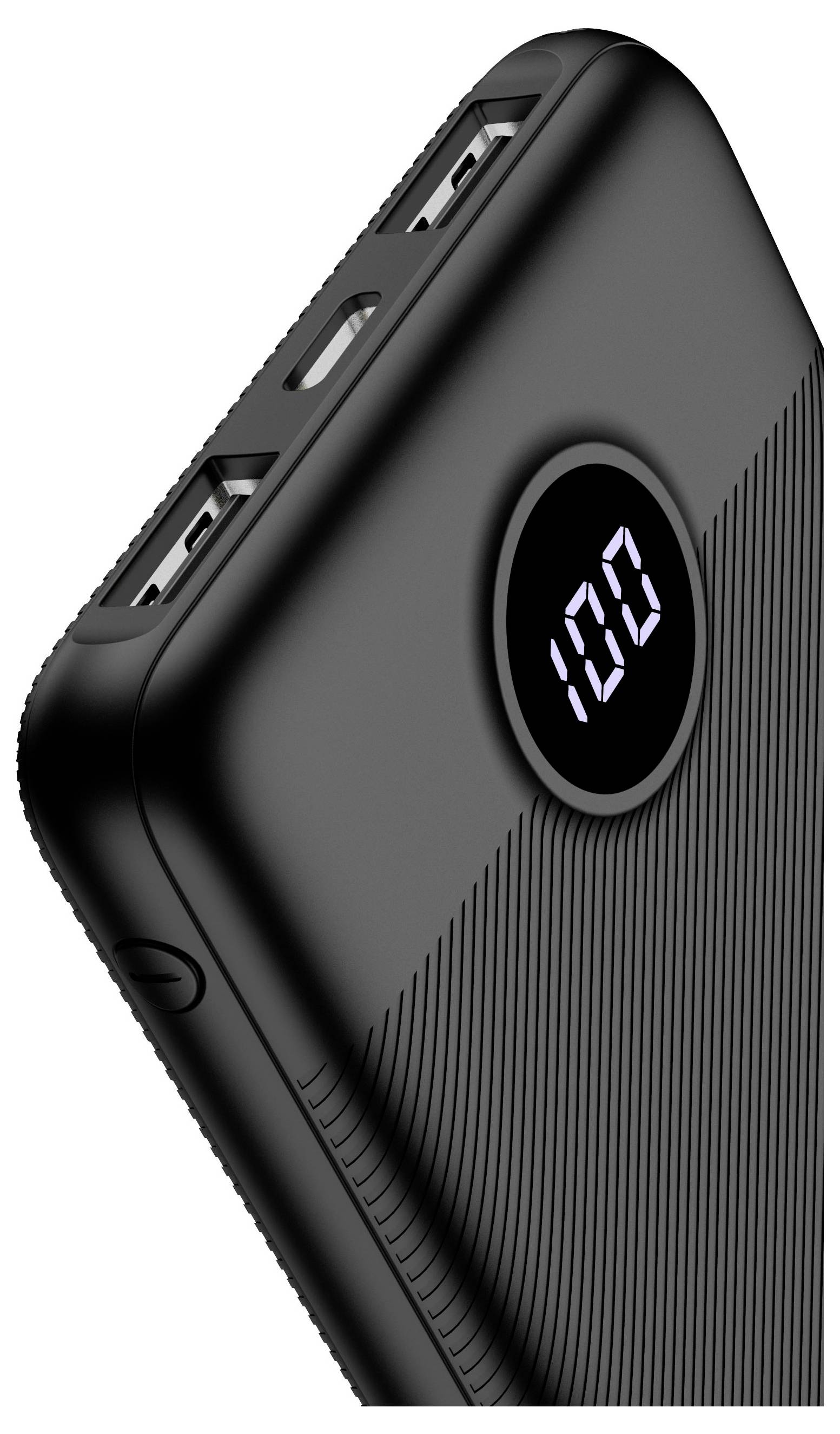 Czarny przenośny powerbank z wyświetlaczem cyfrowym pokazującym '100', oznaczającym pełne naładowanie, z dwoma portami USB po bokach.