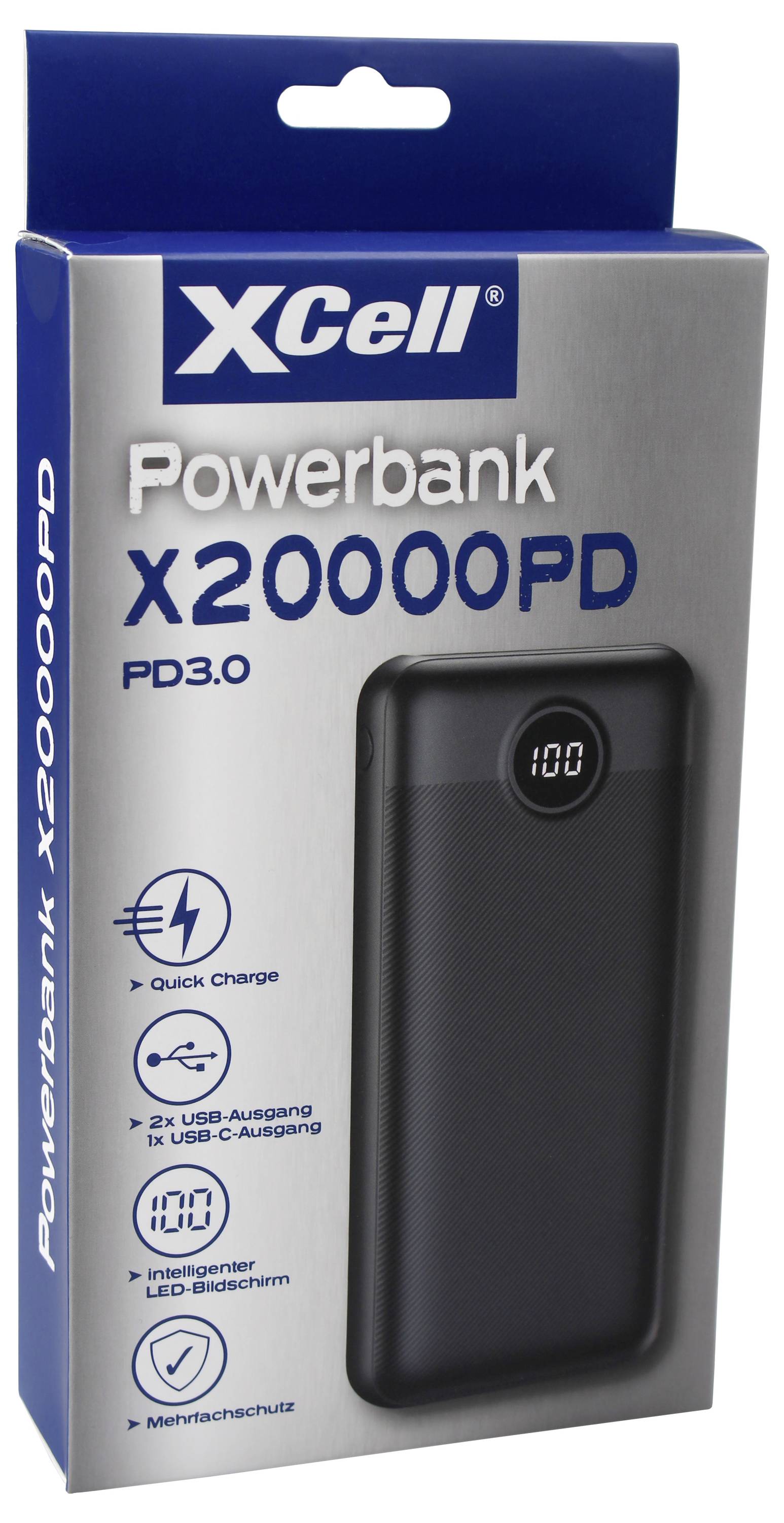 Opakowanie 'XCell Powerbank X20000PD' prezentujące czarny powerbank z wyświetlaczem LED, wyposażony w szybkie ładowanie i podwójne wyjścia USB.