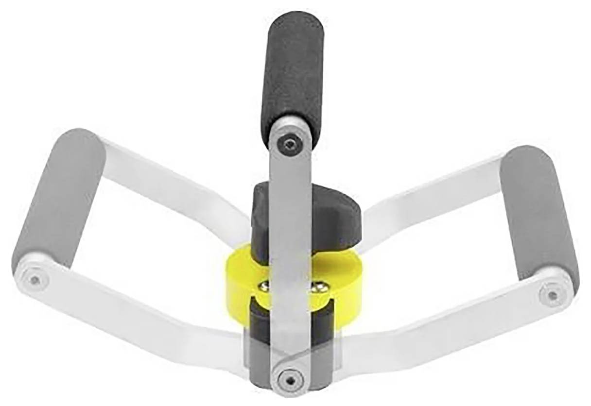 Dwie metalowe rękojeści połączone żółtym centralnym mechanizmem z zawiasami, zaprojektowane do chwytania lub obsługi narzędzia, przedstawione na białym tle.