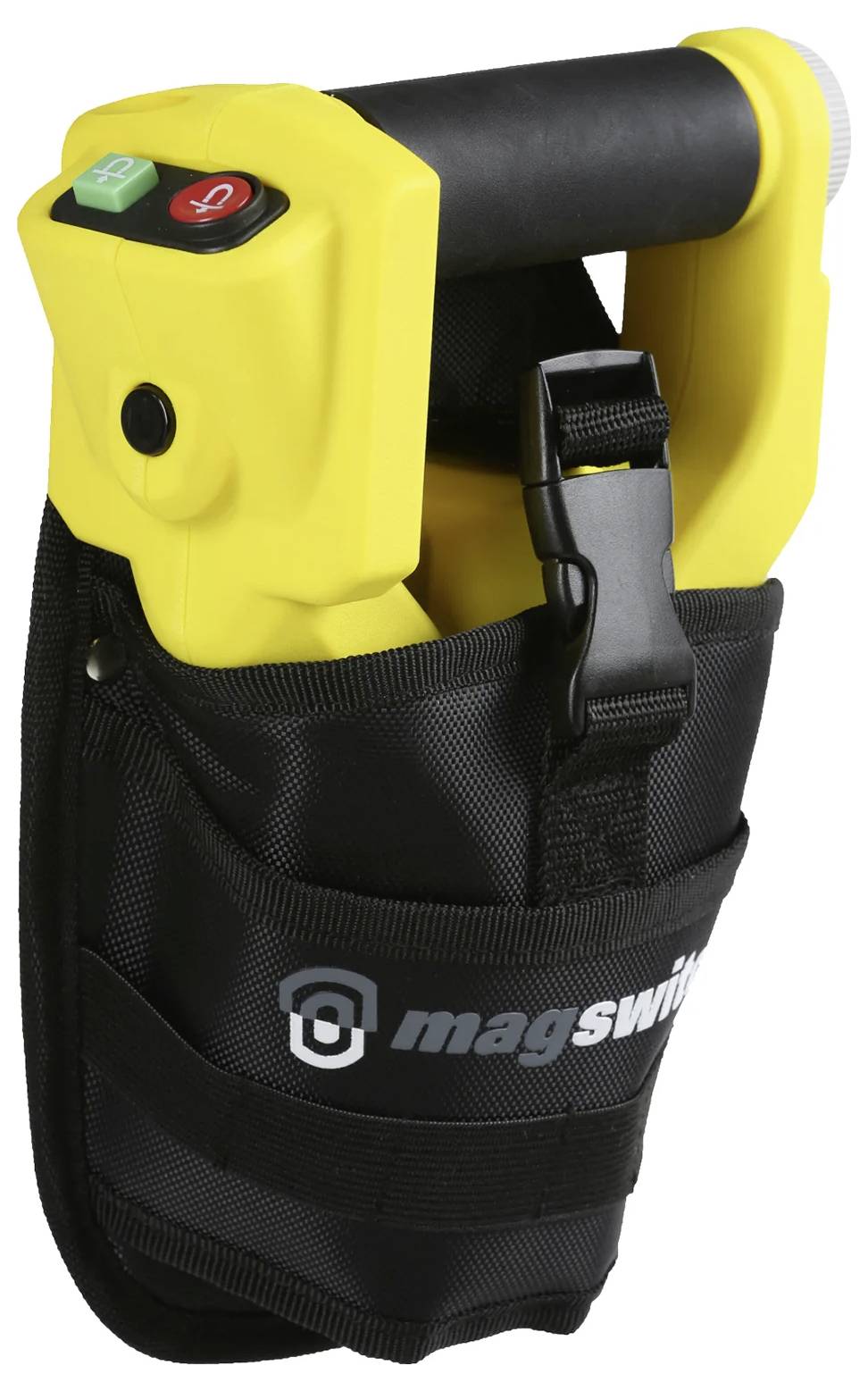 Żółty przyrząd MagSwitch z walizką transportową, wyposażony w czerwony przełącznik włączania/wyłączania na rękojeści, zaprojektowany z myślą o wygodnym transporcie i bezpieczeństwie.