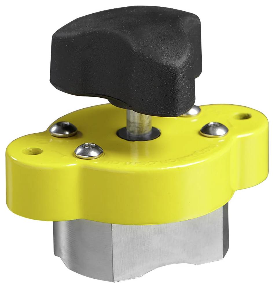 Żółto-czarna blokada samochodu z górną rączką i metalowymi zębami, przeznaczona do zabezpieczania dźwigni zmiany biegów lub hamulca ręcznego pojazdu.