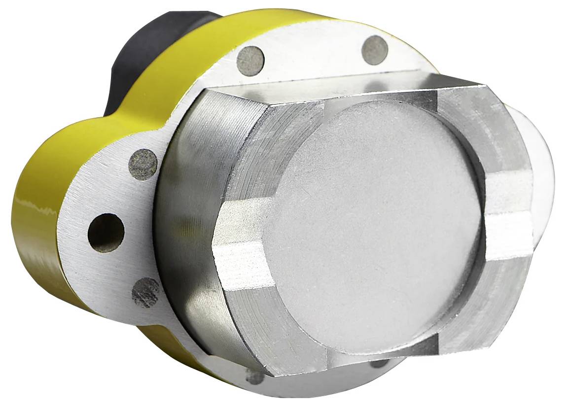 Przemysłowy metalowy element z żółtą obudową i wysuniętym kształtem cylindrycznym, posiadający otwory na śruby i gładką srebrną powierzchnię.