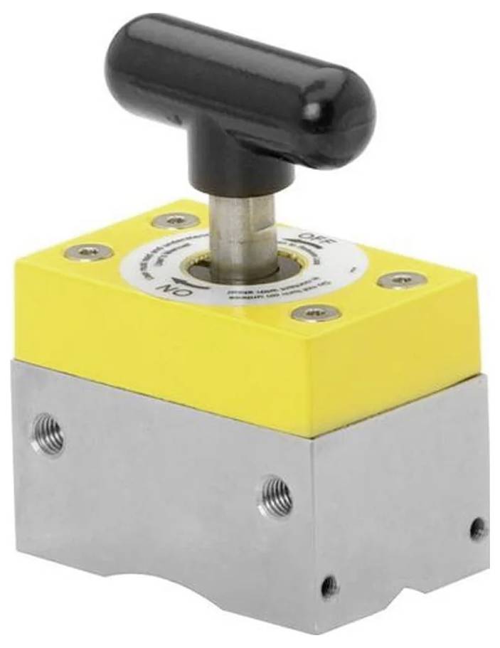 Żółto-srebrny przemysłowy przełącznik z czarną rączką, prawdopodobnie używany do sterowania maszynami lub sprzętem.