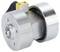 Mały, metalowy enkoder obrotowy o okrągłym kształcie i błyszczącej powierzchni, z centralnym obrotowym wałkiem i stykami elektrycznymi.