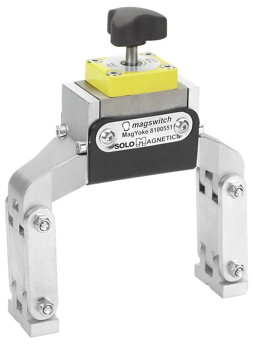 Narzędzie Magswitch MagYoke 8100551 Solo Magnetics z czarną rączką i żółtym przełącznikiem, przeznaczone do przytrzymywania i rozmieszczania elementów metalowych.