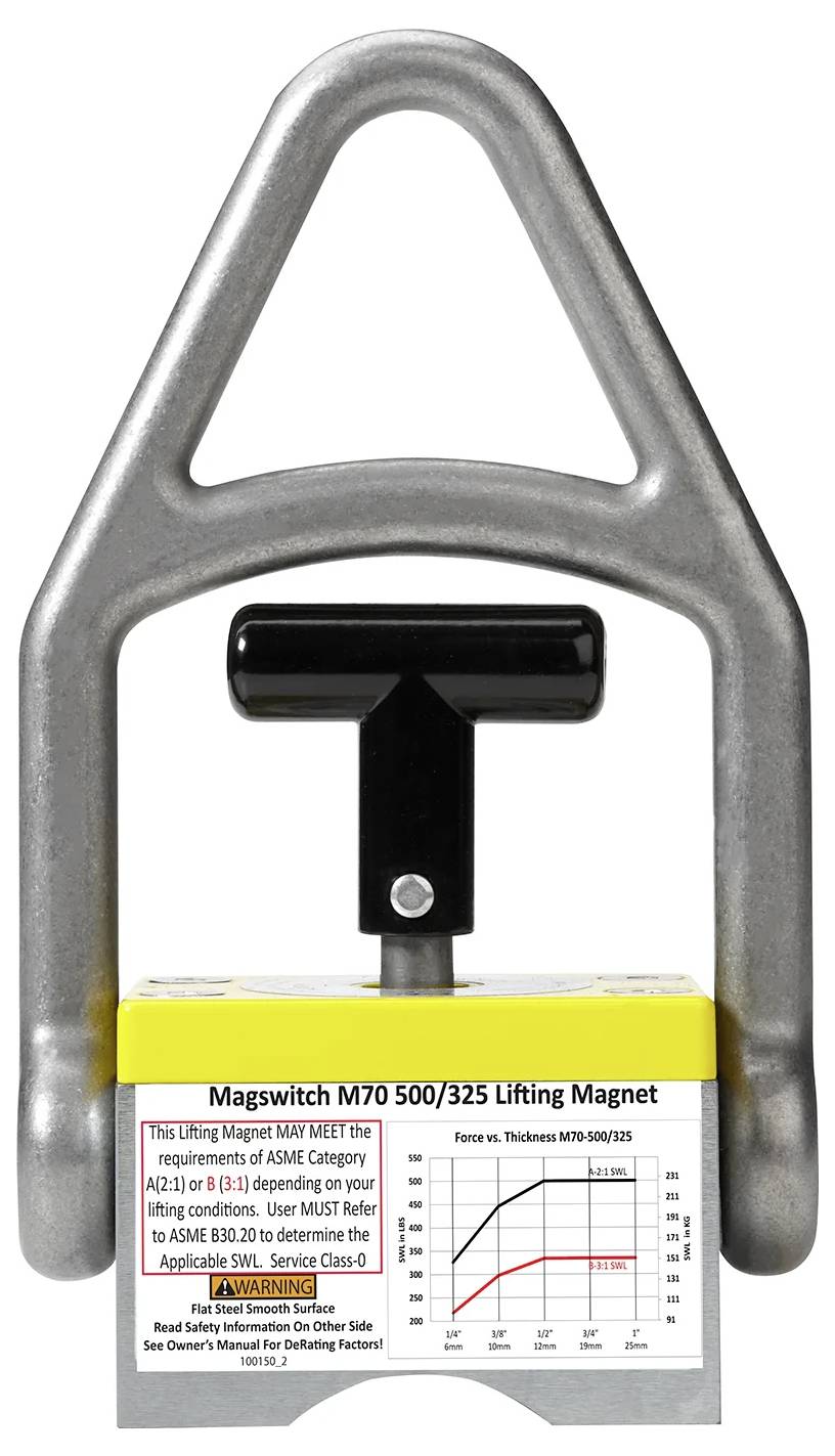 Magnet do podnoszenia Magswitch M70 500/325 z uchwytem, żółtą etykietą przedstawiającą udźwig oraz wykresem prezentującym siłę w zależności od grubości materiału.