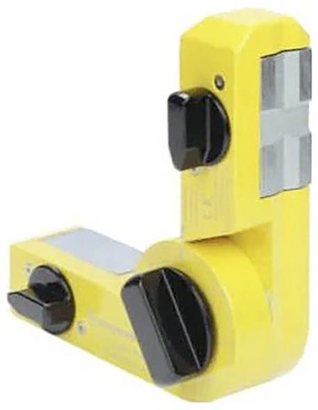 Żółty magnetyczny zacisk spawalniczy z regulowanymi pokrętłami i odblaskowymi płytkami, przeznaczony do mocowania elementów metalowych pod kątem prostym podczas spawania.