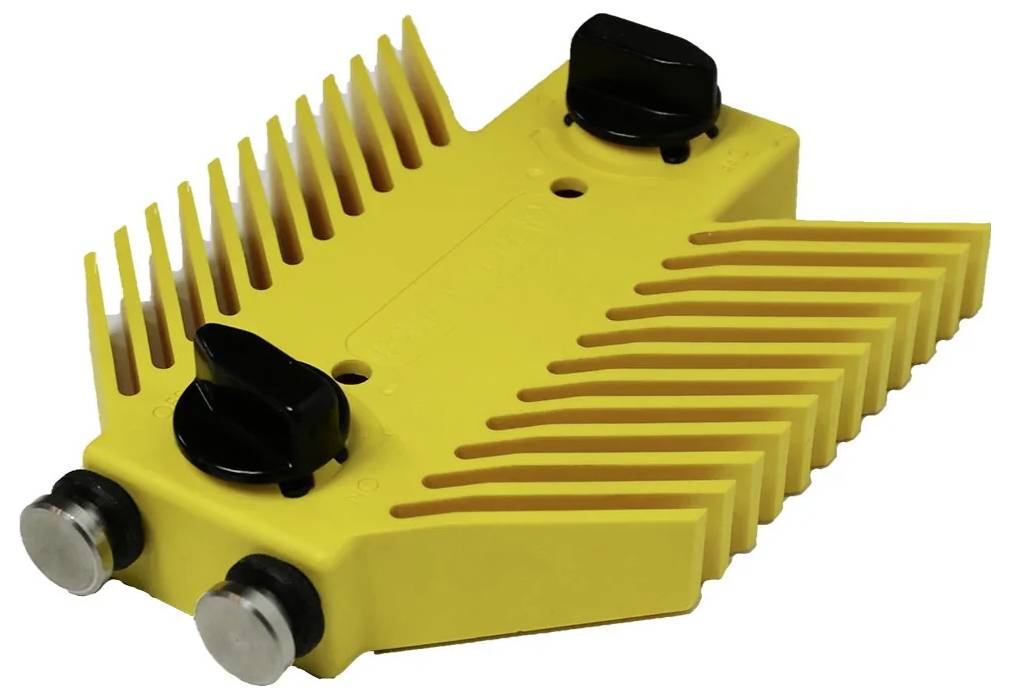 Żółta nasadka do maszynki do strzyżenia z czarnymi pokrętłami regulacyjnymi i dwoma metalowymi punktami styku, zaprojektowana do dopasowania do określonych modeli maszynek do strzyżenia.