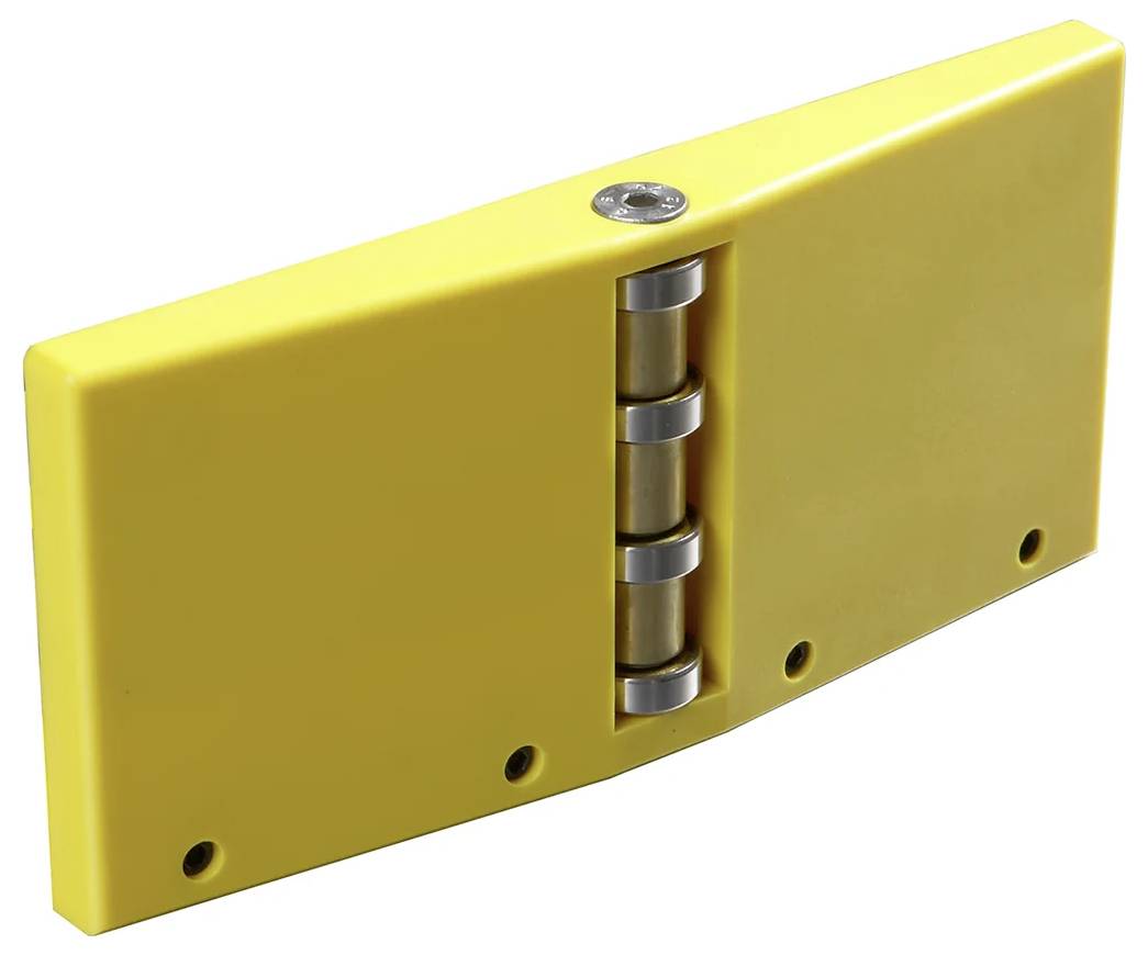 Zbliżenie żółtego przemysłowego zawiasu bezpieczeństwa, charakteryzujące się gładką prostokątną budową i widocznymi metalowymi elementami obrotowymi w centrum.