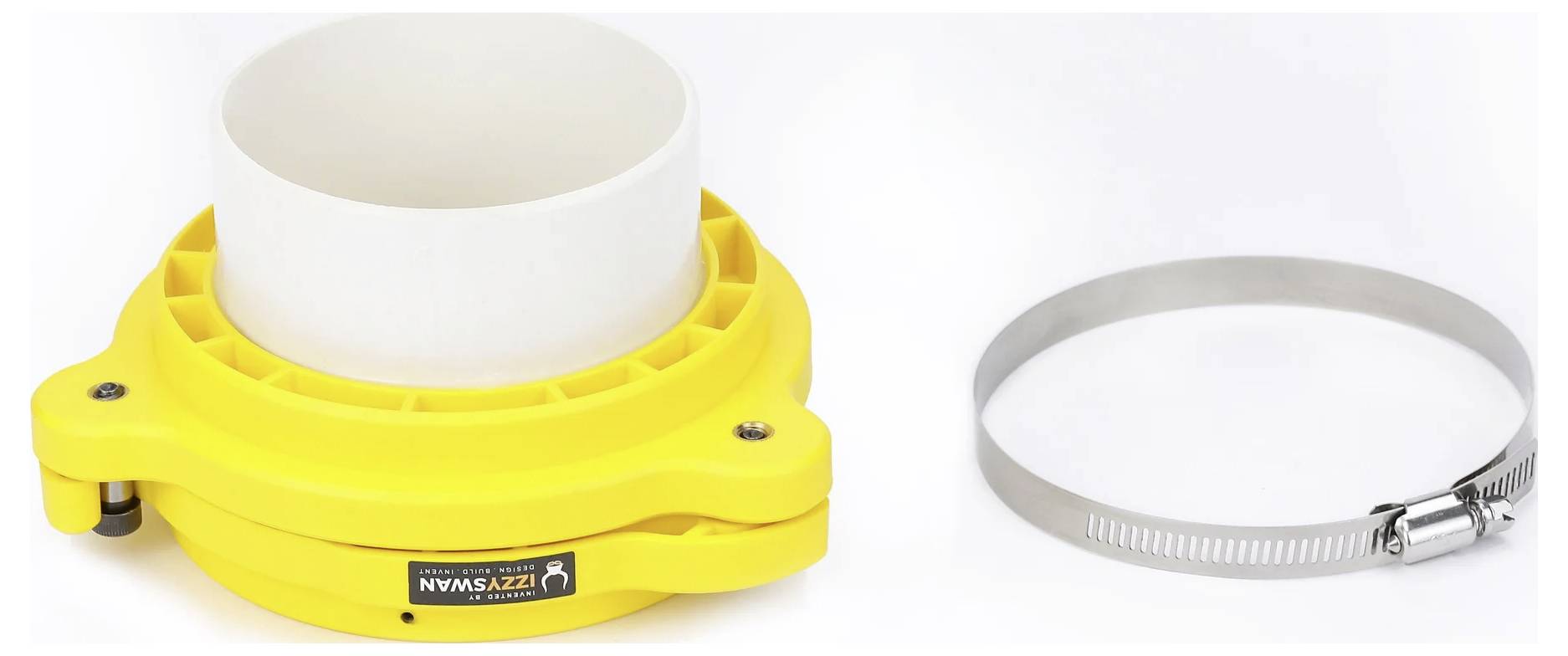 Żółta nasadka grzewcza z kołnierzem, wyposażona w białe wnętrze cylindryczne, wraz z metalowym zaciskiem, przeznaczona do pewnego i stabilnego mocowania.