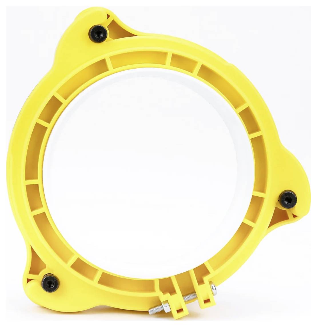 Żółta część mechaniczna z otworem kołowym, wyposażona w trzy czarne śruby i białe centrum, stosowana do montażu lub jako element konstrukcyjny.