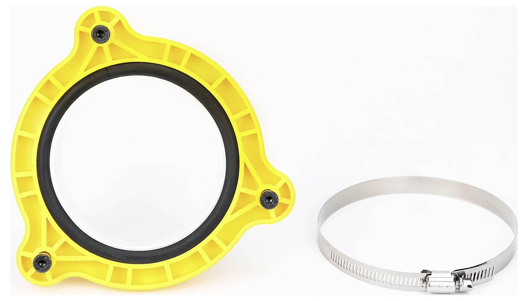 Żółta okrągła plastikowa obejma oraz metalowa obejma do węży są umieszczone na białym tle, prezentując różne narzędzia zaciskowe.