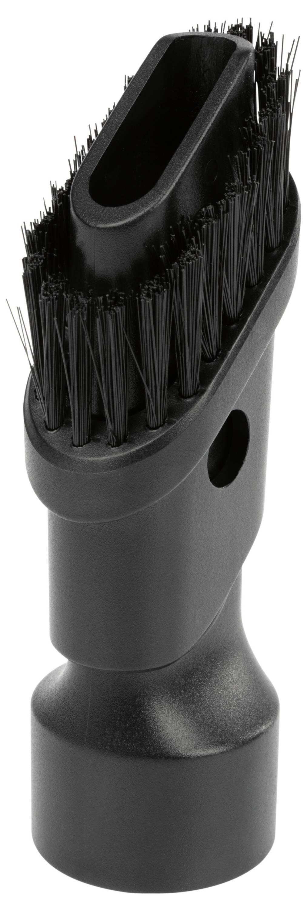 Czarna szczotka do odkurzacza z włosiem wokół owalnego otworu, używana do czyszczenia różnych powierzchni i naroży.