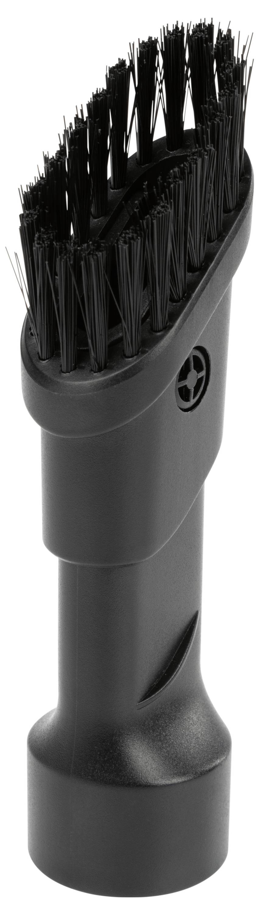 Czarna szczotka do odkurzacza z włosiem, przeznaczona do czyszczenia powierzchni takich jak tapicerka lub wnętrza samochodów.