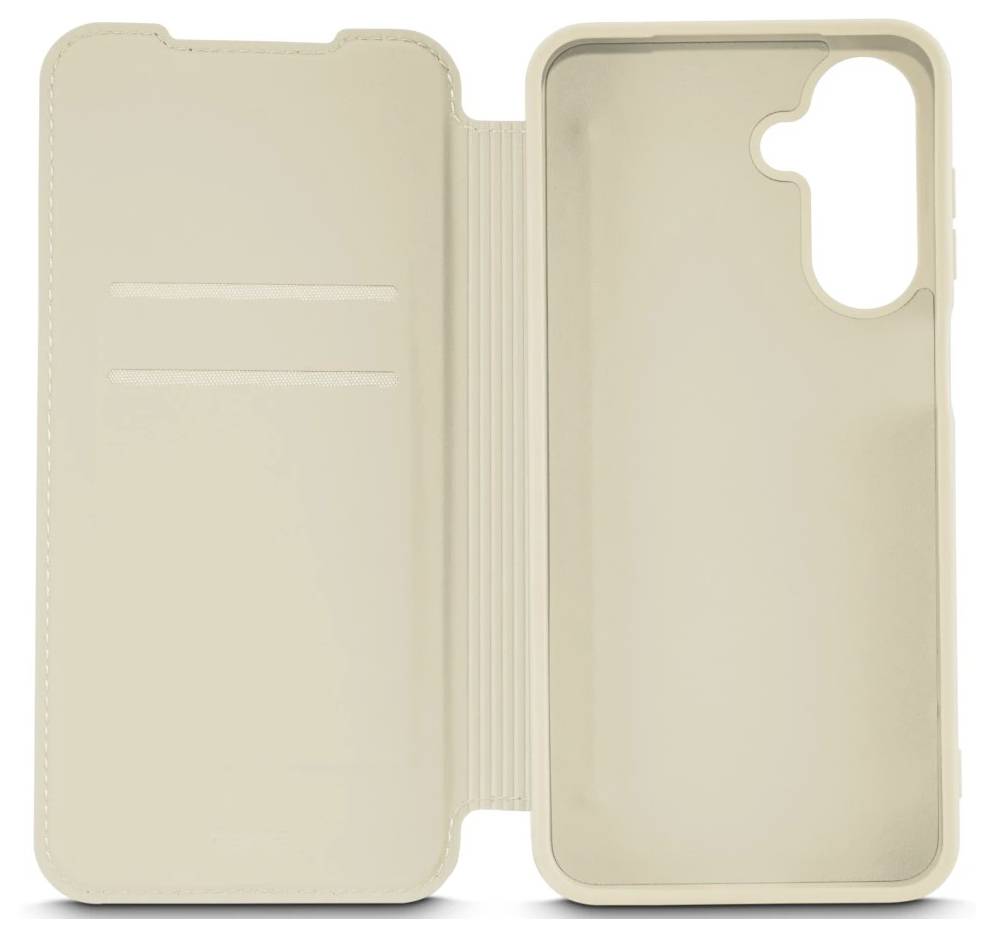 Beżowy pokrowiec na telefon z klapką jest otwarty, przedstawiając po lewej stronie miejsca na karty, a po prawej stronie przestrzeń na telefon.