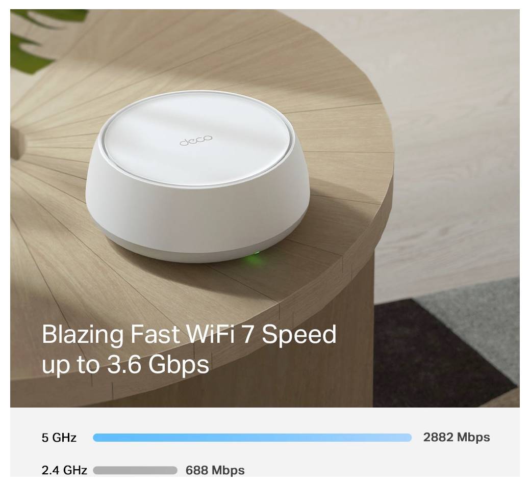 Router WiFi 7 na stole, oznaczony jako 'doco', oferuje prędkości do 3,6 Gbps. Wskaźniki prędkości: 5 GHz - 2882 Mbps, 2,4 GHz - 688 Mbps.